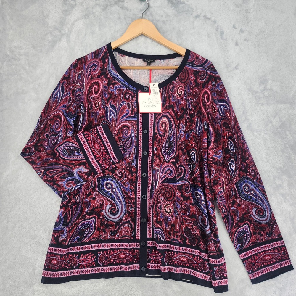Talbots Cardigan Sweater Womens Size 2X Classics Paisley Navy Purple Button NWT